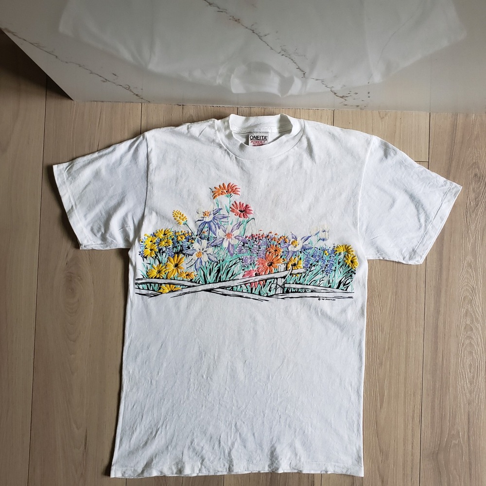 Oneita T Shirt Mens M White 1990 Lifestyles Wildflower Floral Vintage Tee
